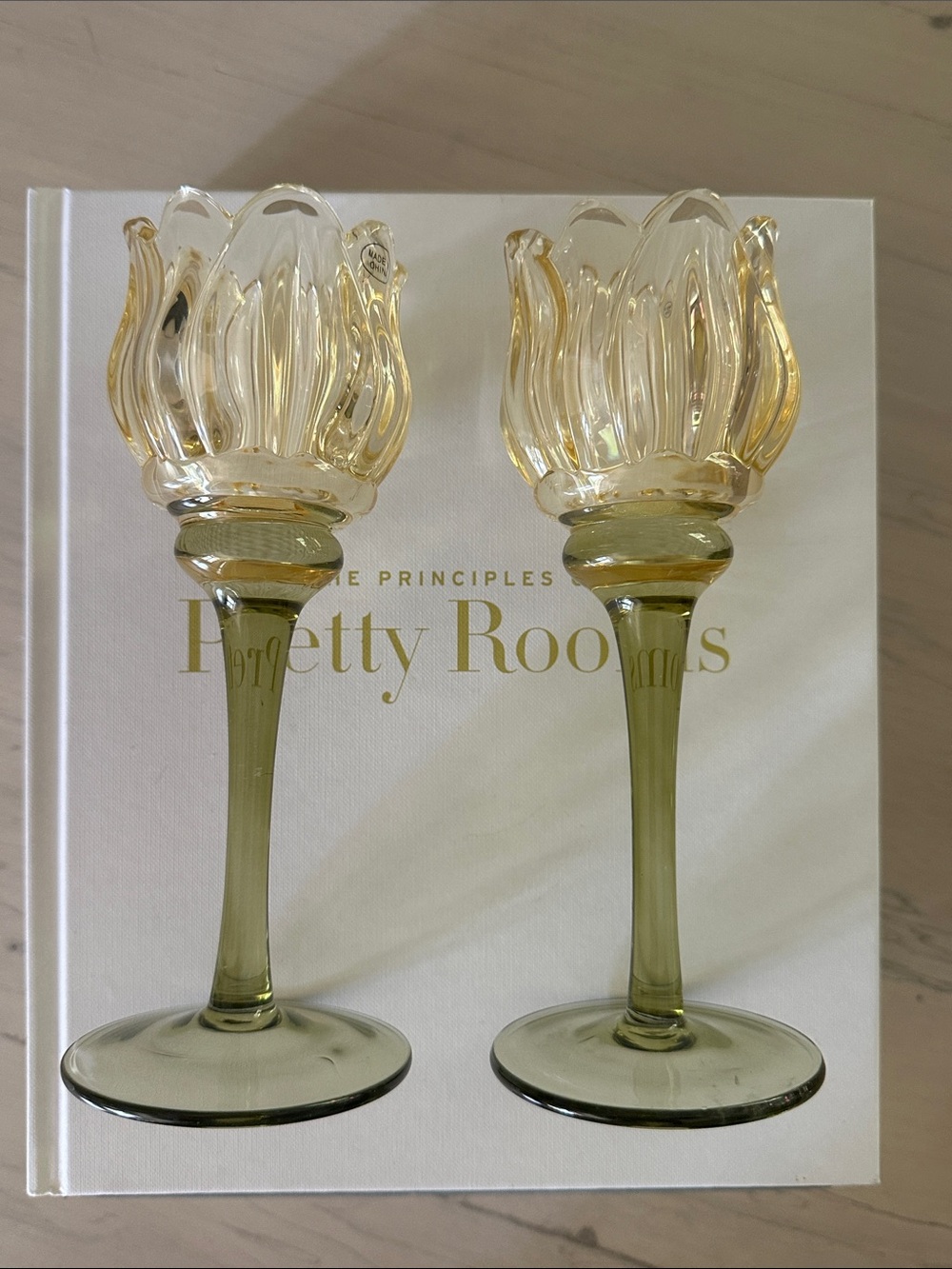NWOT- Glass Tulip Candle Holders in Light Olive Green Yellowish/Gold Set of 2